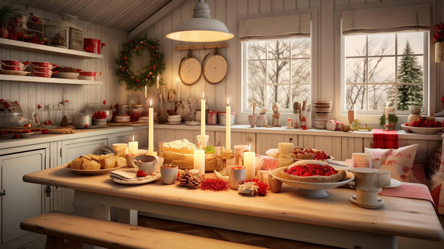 illustrasjonsbilde til artikkelen "guide til juleselskap" Viser en hyggelig kjøkkenscene med pyntet bord bugnende av flotte retter